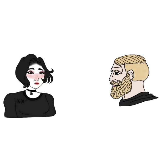 Two cartoon-style character portraits: a dark-haired woman in a black top with a choker, and a bearded blonde man in profile wearing a dark shirt.