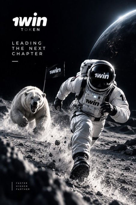 An astronaut in a spacesuit emblazoned with "1WIN" sprints across a lunar-like surface ahead of a pursuing polar bear, with a "1WIN" flag trailing behind, visually capturing the post's message of outpacing the "bear market." The tagline "LEADING THE NEXT CHAPTER" and "FASTER HIGHER FURTHER" reinforces 1win Token's forward-momentum branding.
