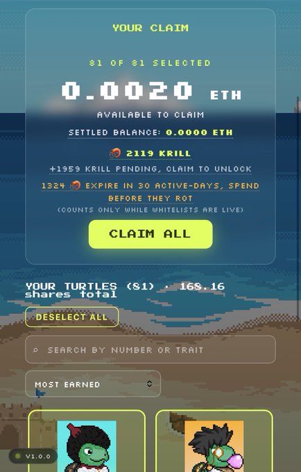 A cryptocurrency claims interface showing 0.0020 ETH ($1 of $1 selected) available to claim with 2119 KRILL pending, requiring spending 1324 on whitelisted active-days within 30 days to prevent expiration, displaying pixel-art turtle character NFTs.