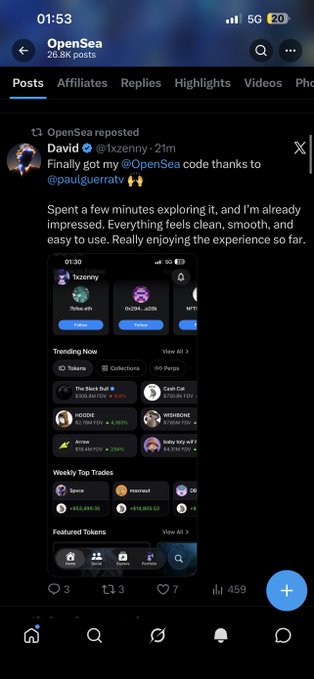 A mobile screenshot of an OpenSea post by user 'David' (@1xzenny) praising the platform's design, with 3 comments and 459 views.