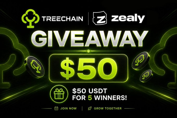 A promotional graphic for a Treechain × Zealy giveaway, featuring logos for both brands and bold text announcing "$50 USDT for 5 winners" alongside a gift icon. The black and neon-green design complements the tweet, which details how to enter by following, liking, retweeting, and commenting.