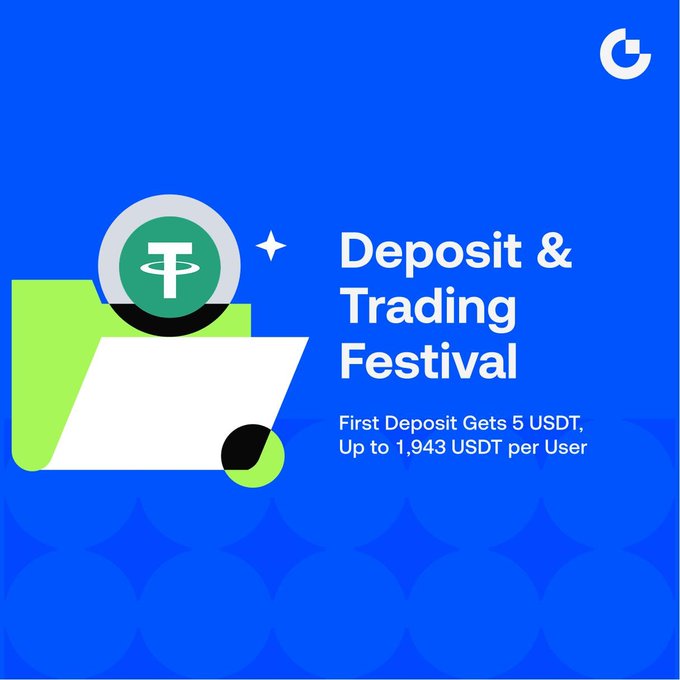 A blue promotional graphic for a 'Deposit & Trading Festival' on what appears to be a crypto exchange, advertising 'First Deposit Gets 5 USDT, Up to 1,943 USDT per User' with a stylized wallet icon.