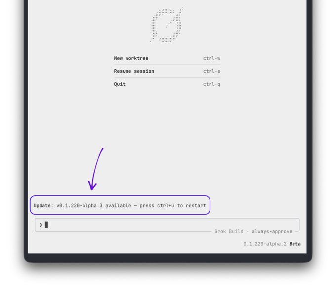 The image shows an updated version of a computer program, with a purple highlight indicating that there is a new update available for Grok Build. The text in the image suggests that the updates have been made to improve the software or fix bugs, as indicated by the phrase "There are too many updates to even keep track of anymore". This implies that the user should pay attention to the changes and consider whether they are beneficial or not before proceeding with the update.
