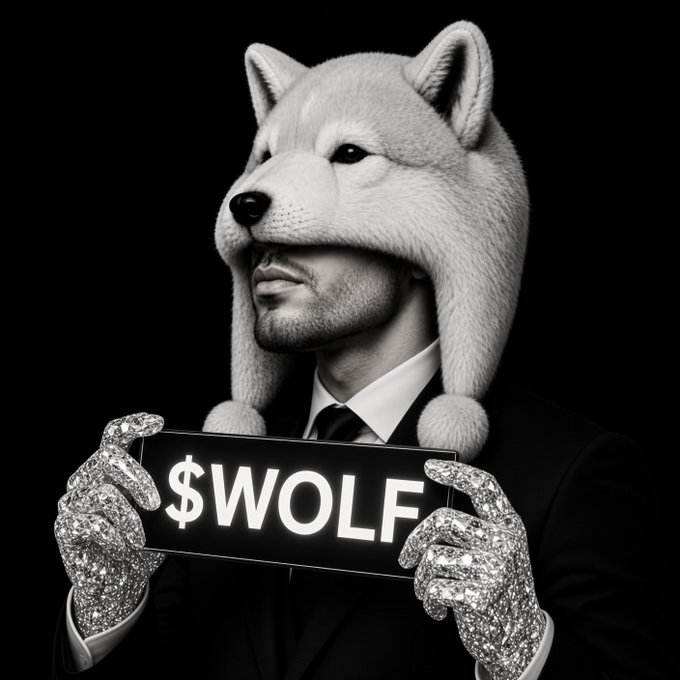 Black and white image of a man wearing a white wolf hat and sparkly silver gloves holding a sign that reads "$WOLF".