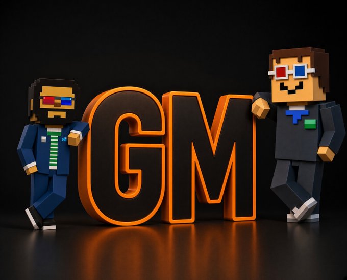 Two Minecraft-style voxel characters wearing 3D glasses and suits flank large illuminated orange letters spelling 'GM' against a black background.