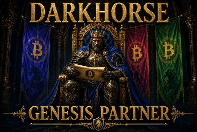 A fantasy-style illustration shows a crowned king on a throne holding a scroll with a Bitcoin 'B' logo, flanked by blue, red, and green banners displaying the Bitcoin symbol, with text reading 'DARKHORSE' and 'GENESIS PARTNER'.
