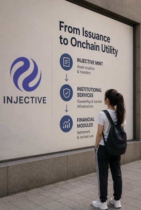 A person with a backpack looking at a large Injective advertisement titled 'From Issuance to Onchain Utility' highlighting Injective Mint (Asset creation & transfers), Institutional Services (Ownership & transfer infrastructure), and Financial Modules (Settlement & onchain use).