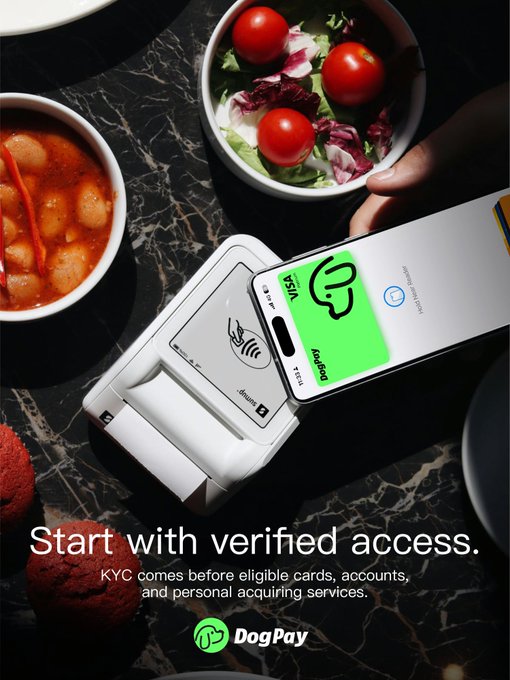 An advertisement for DogPay payment services with the tagline 'Start with verified access. KYC comes before eligible cards, accounts, and personal acquiring services,' showing a smartphone being tapped on a payment terminal next to bowls of food.