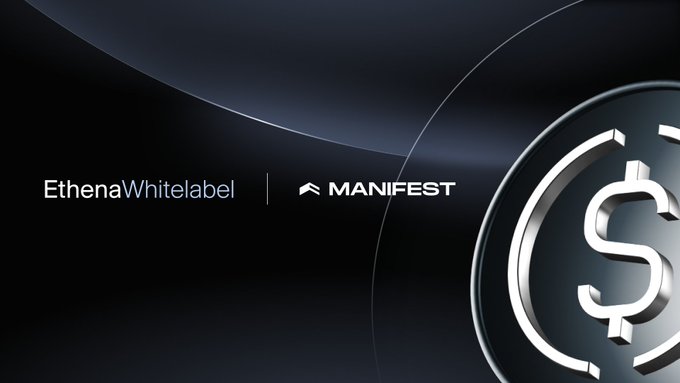 The image shows a logo of a silver dollar sign surrounded by a black circle with a dollar symbol inside, set against a black background. The dollar sign is placed slightly above the center of the circle. In front of this logo, there are two lines in white text reading "EthenaWhitelabel" and "Manifest". These texts are positioned vertically within the image's boundaries. The focus of the image is on these elements, highlighting their significance to the Manifest finance post.