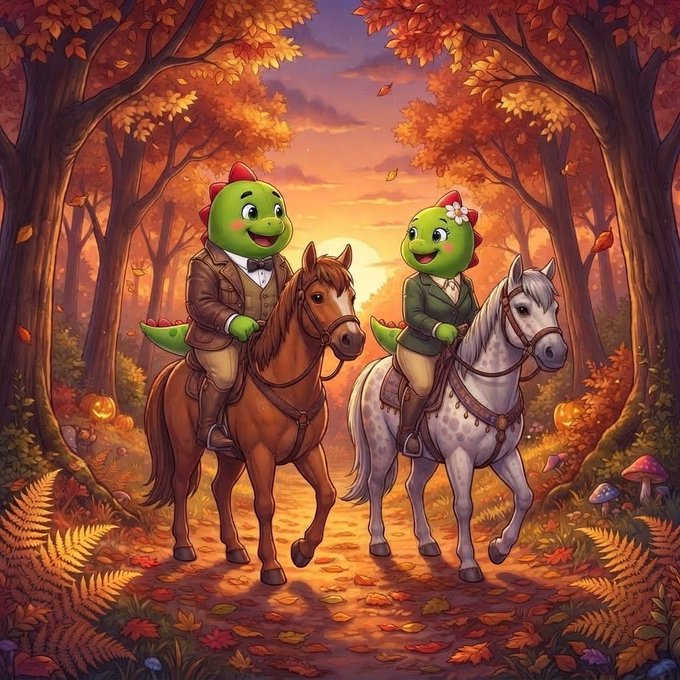 An illustrated scene of two green cartoon dinosaurs dressed in formal riding attire, mounted on a brown and a white horse, riding through an autumn forest path with pumpkins.
