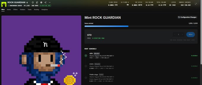 The image shows a "ROCK GUARDIAN" NFT minting page displaying a pixelated monkey character wearing a black hat on a purple background, with a mint progress bar at 1,297/3,333 (44.4%) and a GTD mint price of 0.006 ETH (approximately $12.93), consistent with the post's mention of the 0.006 ETH floor price and free minting for holders of the Rockateral trait or burn participants.