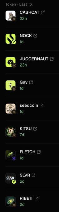 The image displays a mobile app list titled "Token / Last TX" showing cryptocurrency tokens including CASHCAT (23h), NOCK (1d), JUGGERNAUT (23h), Guy (1d), seedcoin (1d), KITSU (7d), FLETCH (1d), SLVR (6d), and RIBBIT (2d), each with an external link icon. This aligns with the post's reference to monitoring recent on-chain transactions on Base, where the user suggests tracking wallet activity for early entries on tokens that may be poised for a larger second leg up after initial dips.