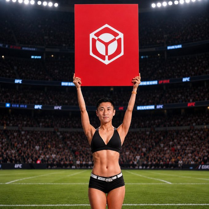 A digitally composed image of a person in athletic underwear holding up a large red Crypto.com sign in a UFC stadium setting.