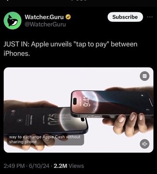 A tweet from @WatcherGuru posted at 2:49 PM on 6/10/24 with 2.2M views reports "JUST IN: Apple unveils 'tap to pay' between iPhones," showing two iPhones being held close together with text noting the feature "way to exchange Apple Cash without sharing phone." The post connects Apple's new tap-to-pay feature to potential implications for Xaman and XRP/Ripple's payment ecosystem.