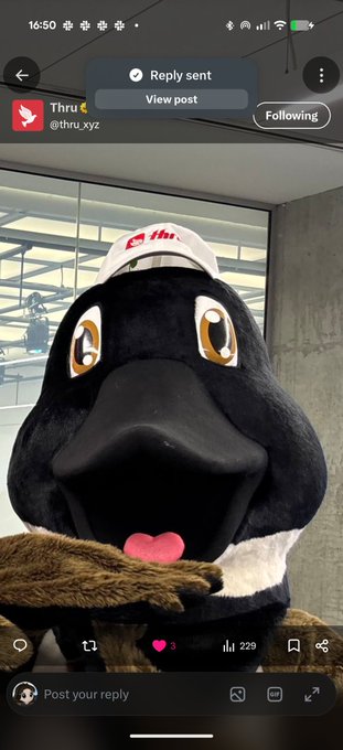 A mobile app screenshot from Thru (@thru.xyz) showing a black duck mascot wearing a white cap, with a 'Reply sent' notification at the top.