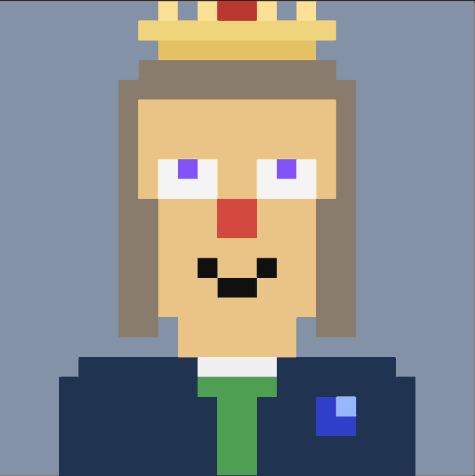 A pixel art portrait of a character wearing a crown, featuring brown hair, purple eyes, and a dark blue outfit with a green tie.