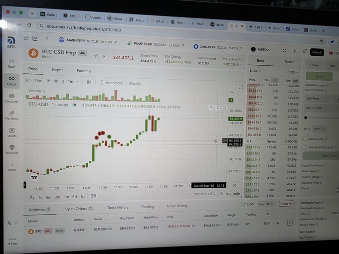 A Delta trading interface screenshot showing the BTC-USD perpetual contract on Arcus, with BTC price at $84,433.1, charts, order book, and trading positions visible.