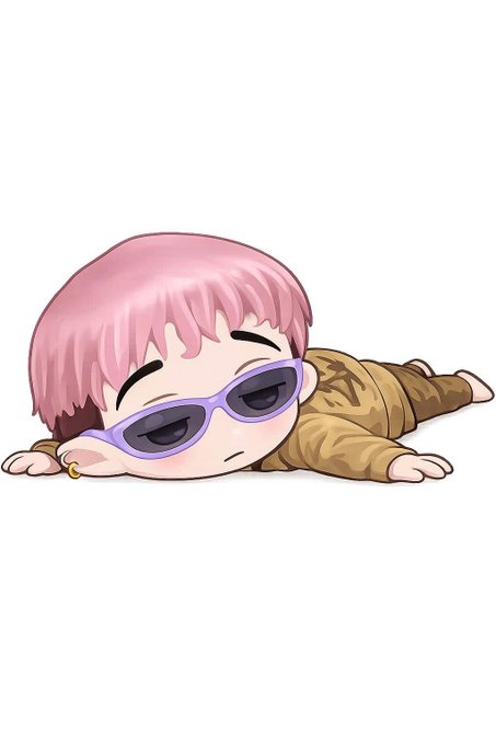 A chibi-style cartoon sticker shows a pink-haired character in purple sunglasses lying face-down in a brown outfit.