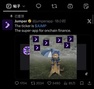 The image shows a pinned X (Twitter) post by Jumper (@jumperapp) stating "The ticker is $JUMP - The super-app for onchain finance," accompanied by a meme of a cat in a blue raincoat holding a matching umbrella in a storm, surrounded by falling Jump logos. The post relates to the accompanying text announcing that Jump is issuing a direct $JUMP token airdrop, with a portal link (waitlist.jumper.xyz/r/JMP-A00D5149) for users to claim tokens.