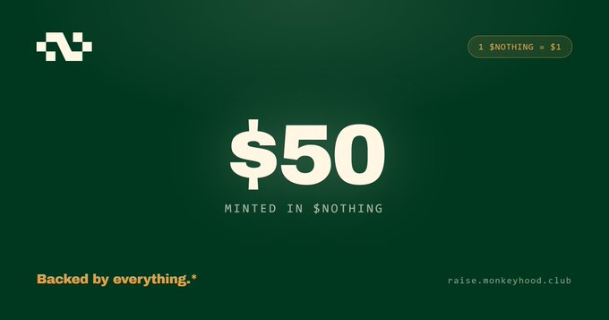 A dark green screen displaying '$50 MINTED IN $NOTHING' with the tagline 'Backed by everything.*' and a link to 'raise.monkeyhood.club'.