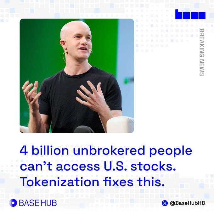 Coinbase CEO Brian Armstrong states that 4 billion people lack access to U.S. stocks, and that tokenization is the solution. The image features a portrait of Brian Armstrong, visually connecting him to the statement.