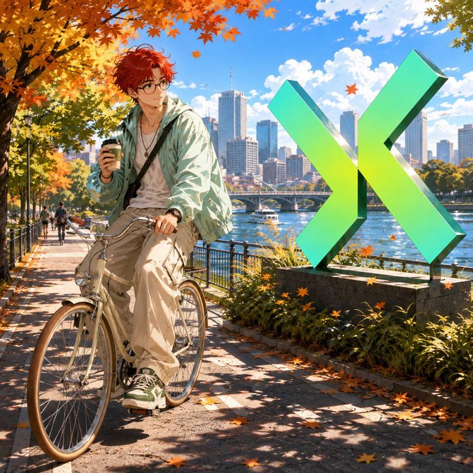 A red-haired, glasses-wearing anime-style character in a mint-green jacket pauses on a bicycle along an autumn riverfront path, holding a phone beside a glowing green "X" sculpture with a city skyline in the background.

The image's autumn-leaves-meets-fintech-tech aesthetic visually echoes the post's theme of an AI agent (@termix_ai) navigating the evolving multichain landscape where Robinhood, BNB, and Base converge—a moment of pause amid the colorful crossroads of decentralized commerce.