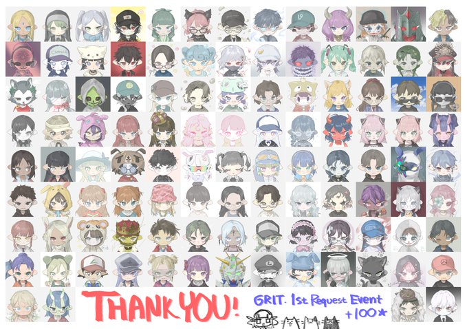 A grid of many small anime-style character portraits with the text 'THANK YOU!' and 'GRIT. 1st Request Event +100' displayed at the bottom.