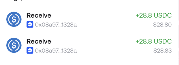 A cryptocurrency wallet interface showing two incoming 'Receive' transactions of +28.8 USDC from address 0x08a97...1323a, valued at approximately $28.80 and $28.83.