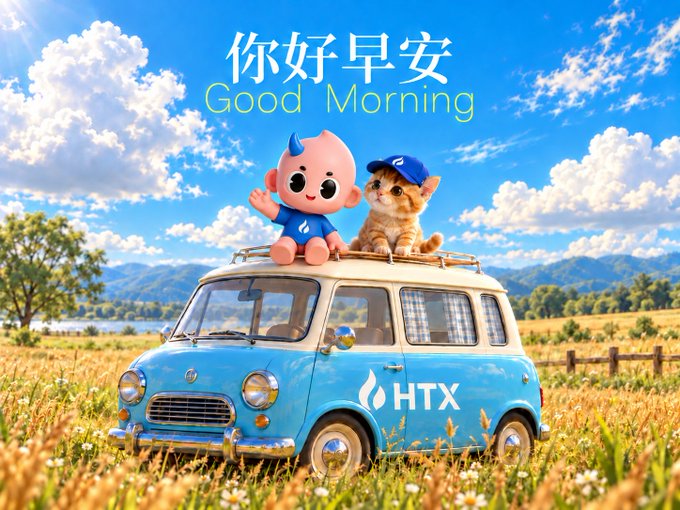 A cheerful 'Good Morning' greeting with '你好早安' text, featuring a cute pink mascot and an orange cat wearing a blue cap sitting atop a blue 'HTX' van in a sunny field.