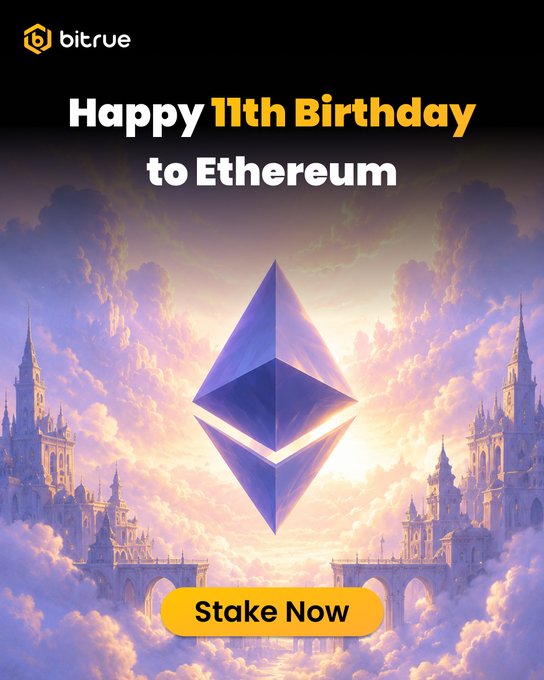 The image is a celebratory Bitrue graphic featuring the Ethereum logo against a dreamy sky with clouds and castles, with text reading "Happy 11th Birthday to Ethereum" and a "Stake Now" button offering 2.4% APR fixed-term staking.