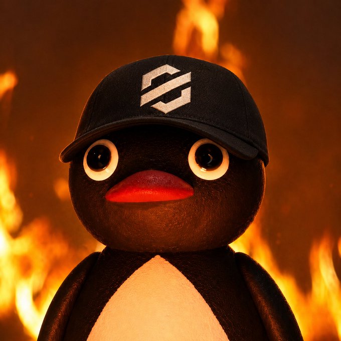 A stuffed penguin wearing a black cap with a logo, set against a fiery background.