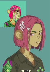 Digital artwork of an anime-style character with pink hair, animal ears, and a small inset portrait showing the same character in a more stylized pink-haired design.