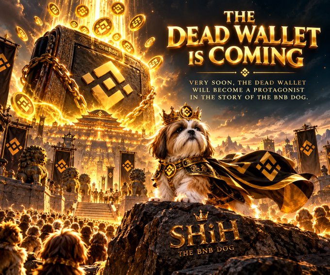 A digital artwork showing a Shih Tzu dog wearing a crown and cape, standing before a giant glowing Binance (BNB) wallet. Text reads 'THE DEAD WALLET IS COMING. VERY SOON, THE DEAD WALLET WILL BECOME A PROTAGONIST IN THE STORY OF THE BNB DOG' and 'SHIH THE BNB DOG'.