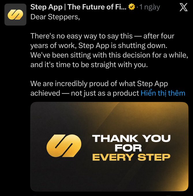 A social media post from Step App announcing the shutdown of their service after four years, with a 'THANK YOU FOR EVERY STEP' graphic.