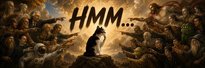 A meme-style illustration in a Renaissance painting aesthetic shows various historical and fictional figures (including an astronaut and Yoda) all pointing at a black and white cat sitting on a rock, with the text 'HMM...' above it.