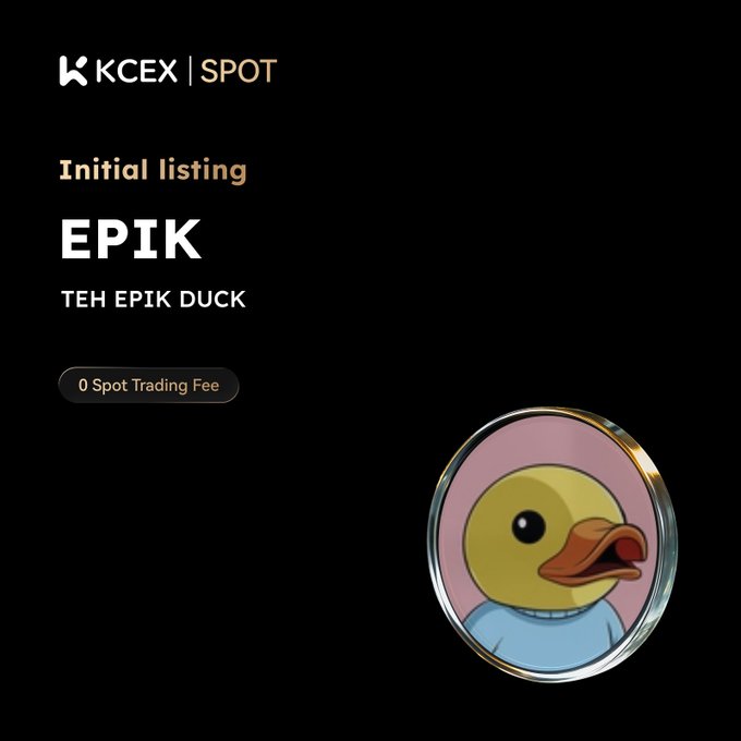 A KCEX spot exchange announcement promoting the initial listing of TEH EPIK DUCK (EPIK) memecoin, featuring "0 Spot Trading Fee" and a cartoon duck mascot on a black background.