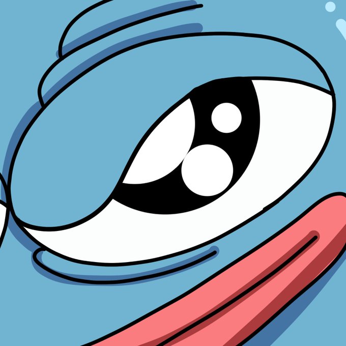A close-up illustration of a blue cartoon character's large eye and part of its red mouth.