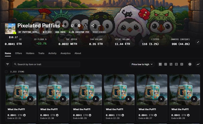 A screenshot of an NFT marketplace page for 'Pixelated Puffins' collection showing 2,222 items, with stats including floor price 0.0041 ETH, top offer 0.0032 ETH, and listings of identical 'Puff?!' items at 0.0041 ETH each.