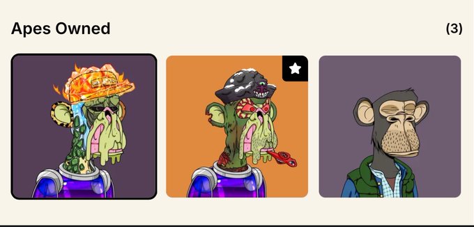 A digital collection titled 'Apes Owned (3)' displays three NFT-style ape characters: a pizza-themed ape, a shark-themed ape with a star icon, and a plain ape in a green jacket.