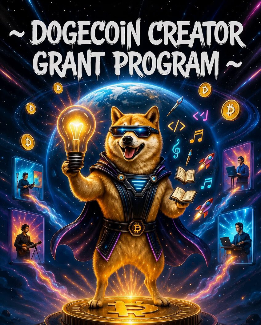 The image features a cartoon dog dressed as a wizard holding a light bulb above its head with a book in one hand and a guitar in the other. The background of the image shows a planet, which suggests that this scene takes place in outer space or another fantastical setting. The text on the poster reads "IDEA Dogecoin Creator Grant Program What if Dogecoin funded creators instead of gatekeepers? Artists. Developers. Musicians. Educators. Small grants can spark ideas that grow into projects, businesses, and innovations that could benefit millions."