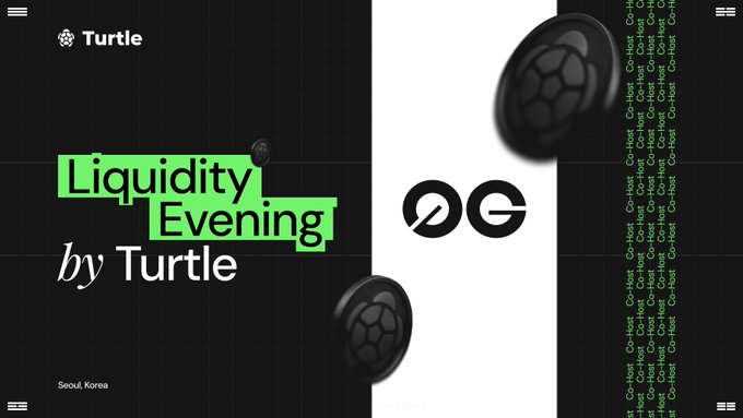 A promotional graphic for 'Liquidity Evening by Turtle' in Seoul, Korea, featuring black circular designs and 'Co-Host' text repeated in green.