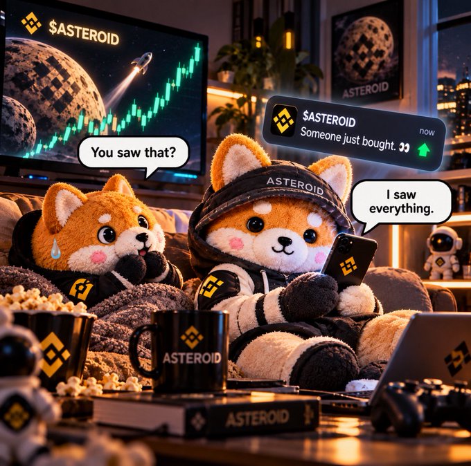 Two cartoon fox mascots wearing 'ASTEROID' branded clothing sit on a couch with branded merchandise; one holds a phone with a notification 'Someone just bought', with speech bubbles reading 'You saw that?' and 'I saw everything.'