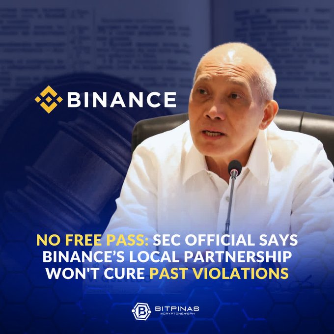 A news graphic from BitPinas features an older man in a white shirt with the Binance logo, headlined 'NO FREE PASS: SEC OFFICIAL SAYS BINANCE'S LOCAL PARTNERSHIP WON'T CURE PAST VIOLATIONS.'