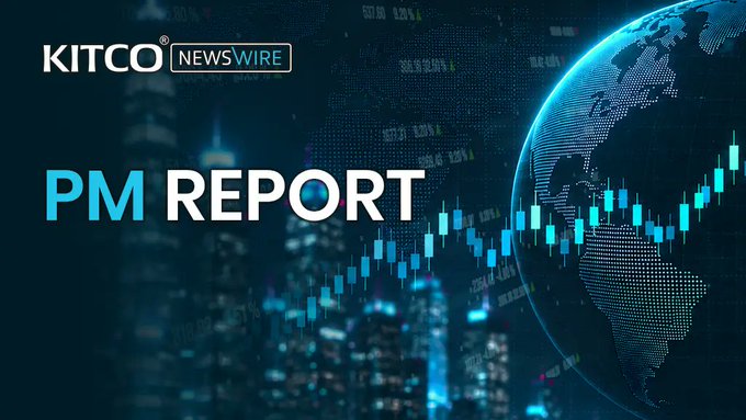 A news graphic titled 'KITCO NEWSWIRE PM REPORT' featuring a globe, city skyline, and stock market candlestick charts.