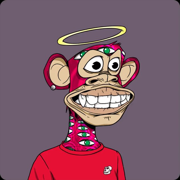 A digital art illustration of a Bored Ape character with a red hood, angel halo, and multiple eyes on its neck, wearing a red shirt on a gray background.
