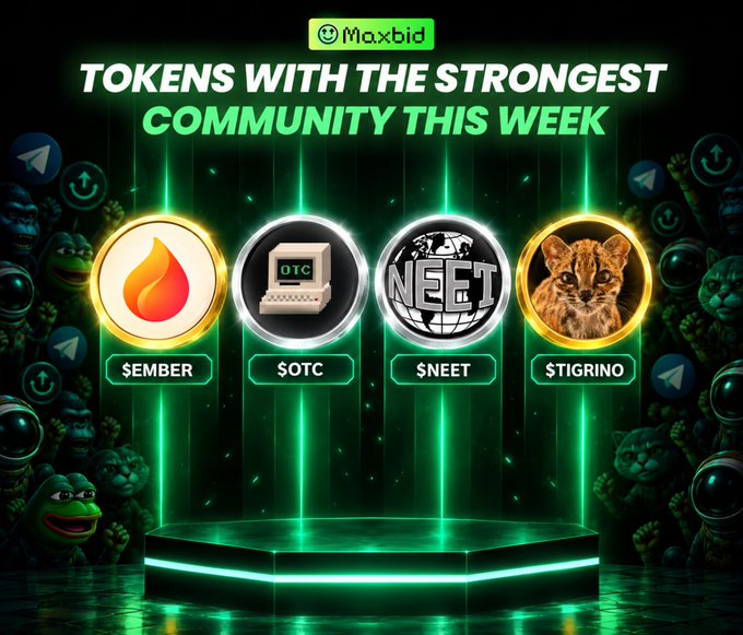 A promotional graphic titled 'TOKENS WITH THE STRONGEST COMMUNITY THIS WEEK' displaying four tokens: $EMBER, $OTC, $NEET, and $TIGRINO, set against a green frog-themed background.