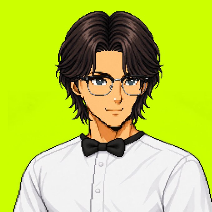 A pixel art style portrait of a young man with brown hair, wearing glasses, a white button-up shirt, and a black bow tie, set against a bright lime green background.