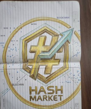 A hand-drawn sketch of a golden coin or emblem featuring the Tether (₮) symbol, the word 'BLOCKCHAIN', and a light blue upward arrow, labeled 'HASH MARKET'.