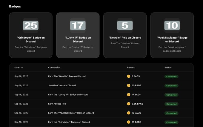 Dashboard displaying Discord badges and completed tasks with rewards in 'BAGS', including 'Grindoor', 'Lucky 17', 'Newbie', and 'Vault Navigator' badges earning 5 to 50 BAGS.