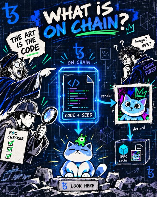 Digital illustration explaining 'WHAT IS ON CHAIN?' featuring cartoon characters in detective/court attire around a code document and cat characters referencing IPFS.